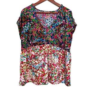 Kaily K Boho Floral Print Blouse Top  V Neck Babydoll Bohemian Festival, XL